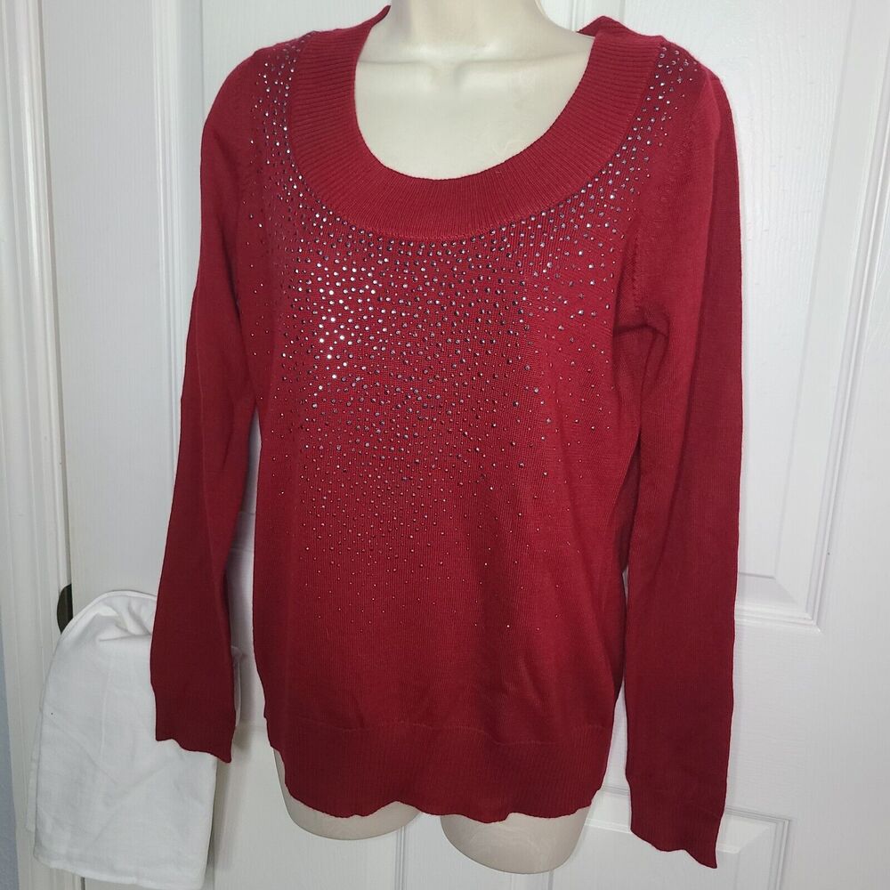 Calvin Klein Women Sweater Christmas Red Ribbed WOOL Blend Sparkle Sz SMALL New